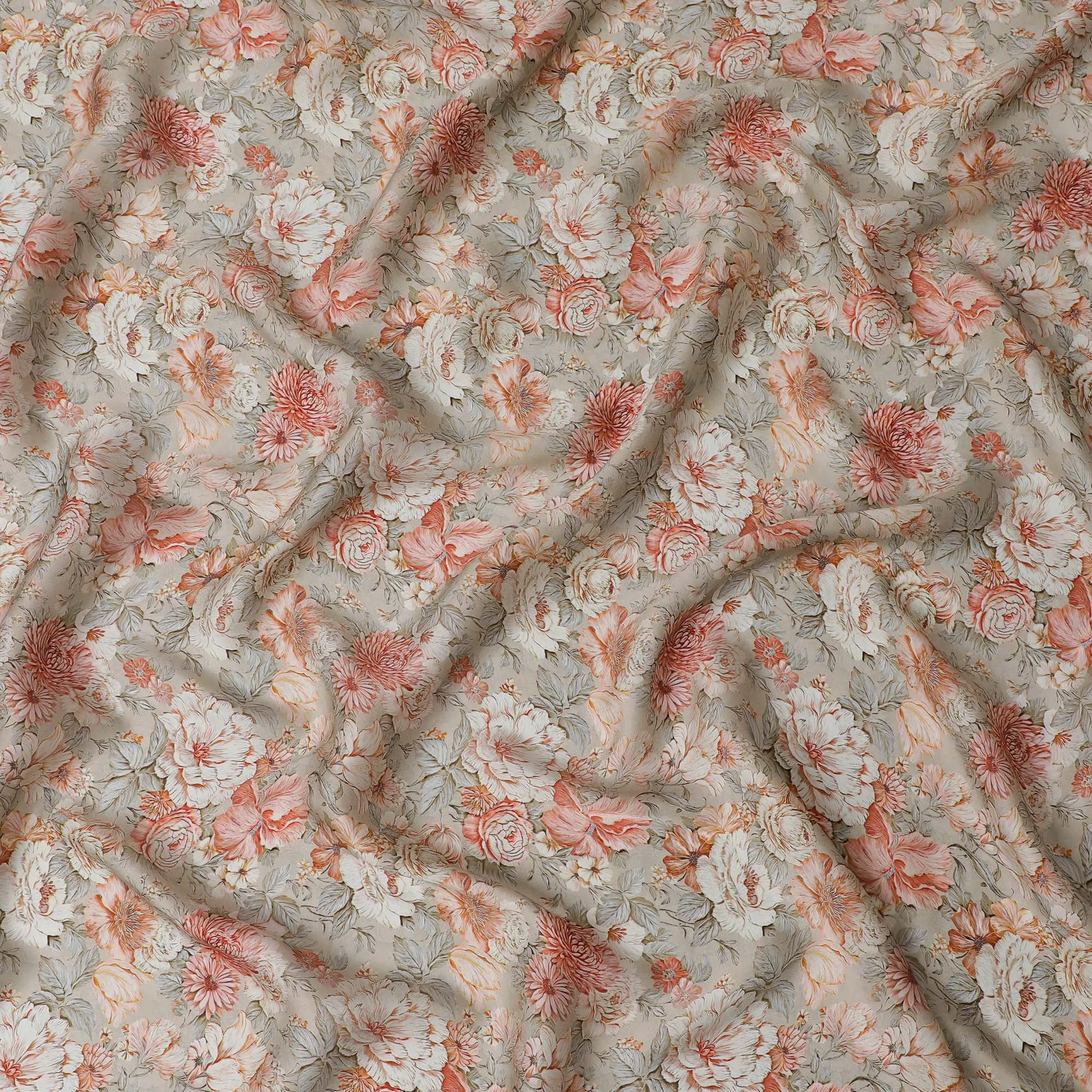 Chic Peach and Cream Floral Modal Satin Fabric - 110 cm Width, Elegant Soft Material from India-D19218