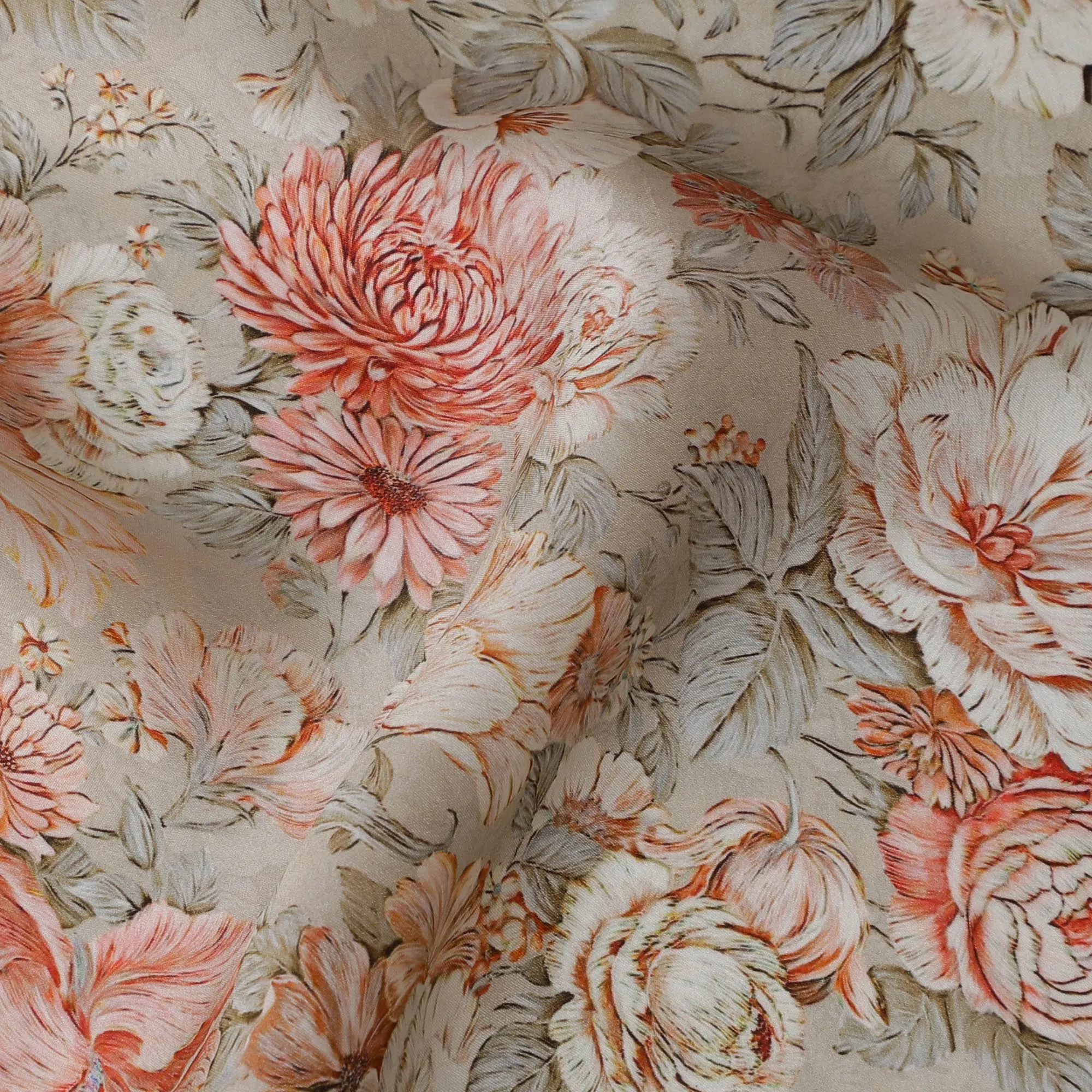 Chic Peach and Cream Floral Modal Satin Fabric - 110 cm Width, Elegant Soft Material from India-D19218