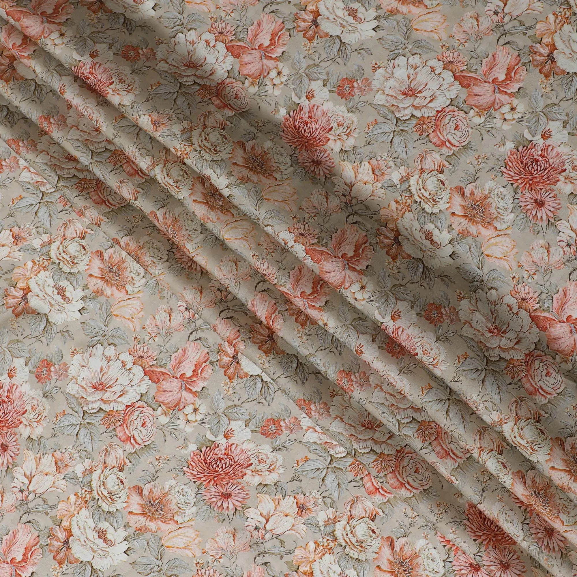 Chic Peach and Cream Floral Modal Satin Fabric - 110 cm Width, Elegant Soft Material from India-D19218