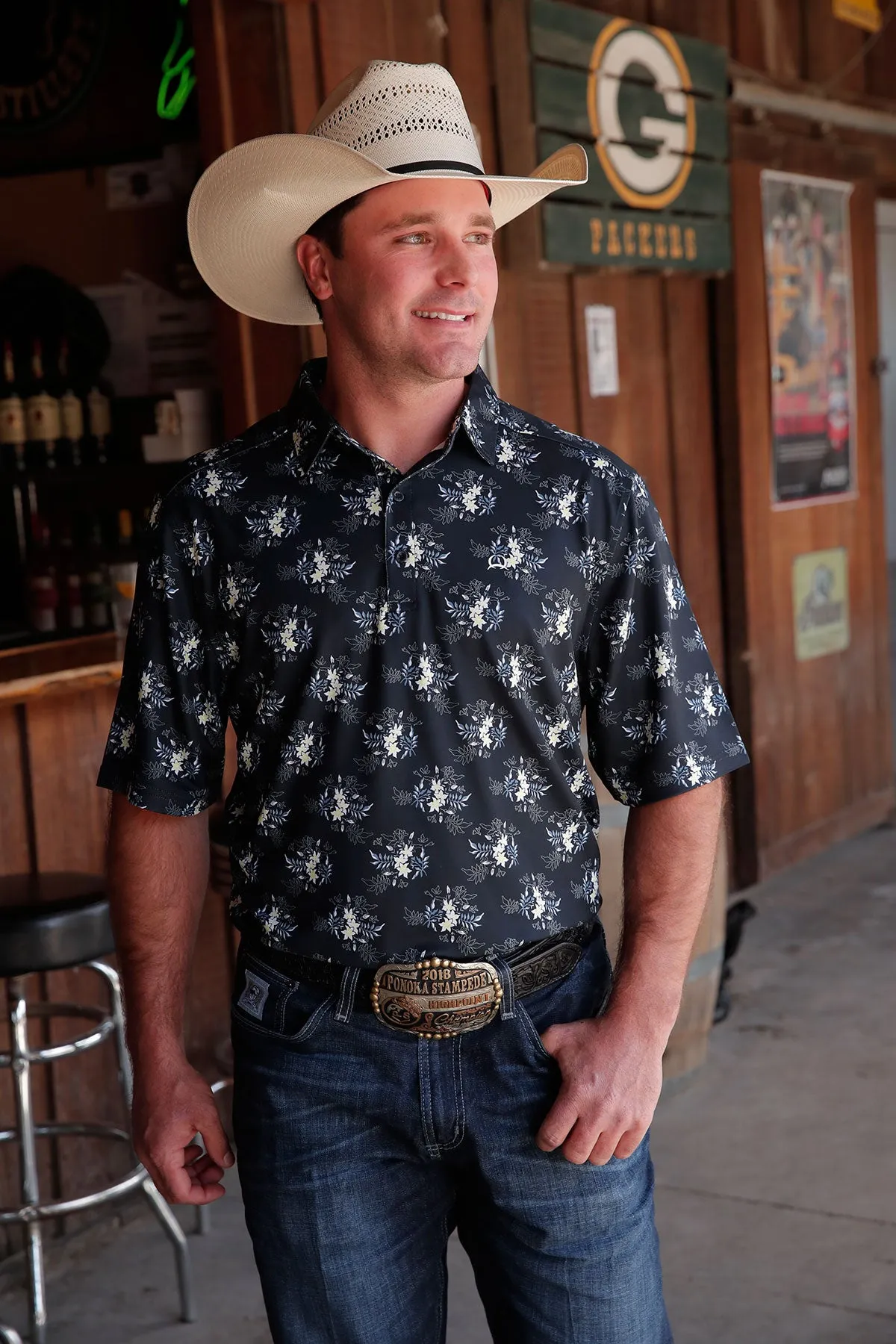 Cinch Men's Arenaflex Short Sleeve Floral Polo in Navy