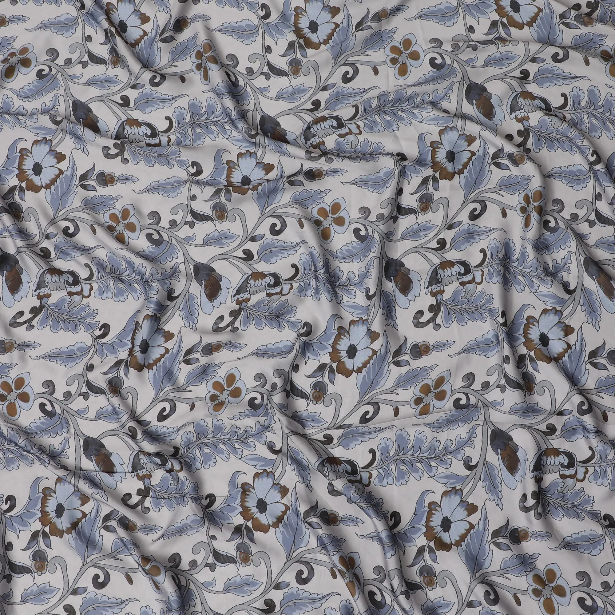 Classic Blue & Brown Floral Synthetic Modal Satin Fabric - Traditional Elegance, 110cm - Shop Online-D17973