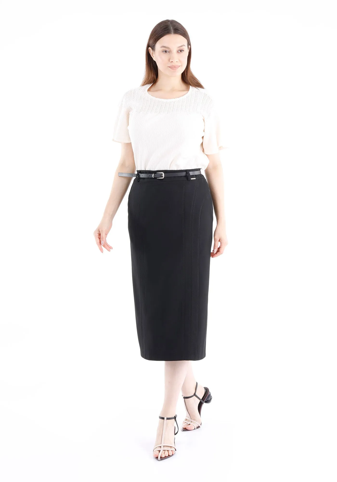 Classic High Waisted Midi Pencil Skirt with Belt