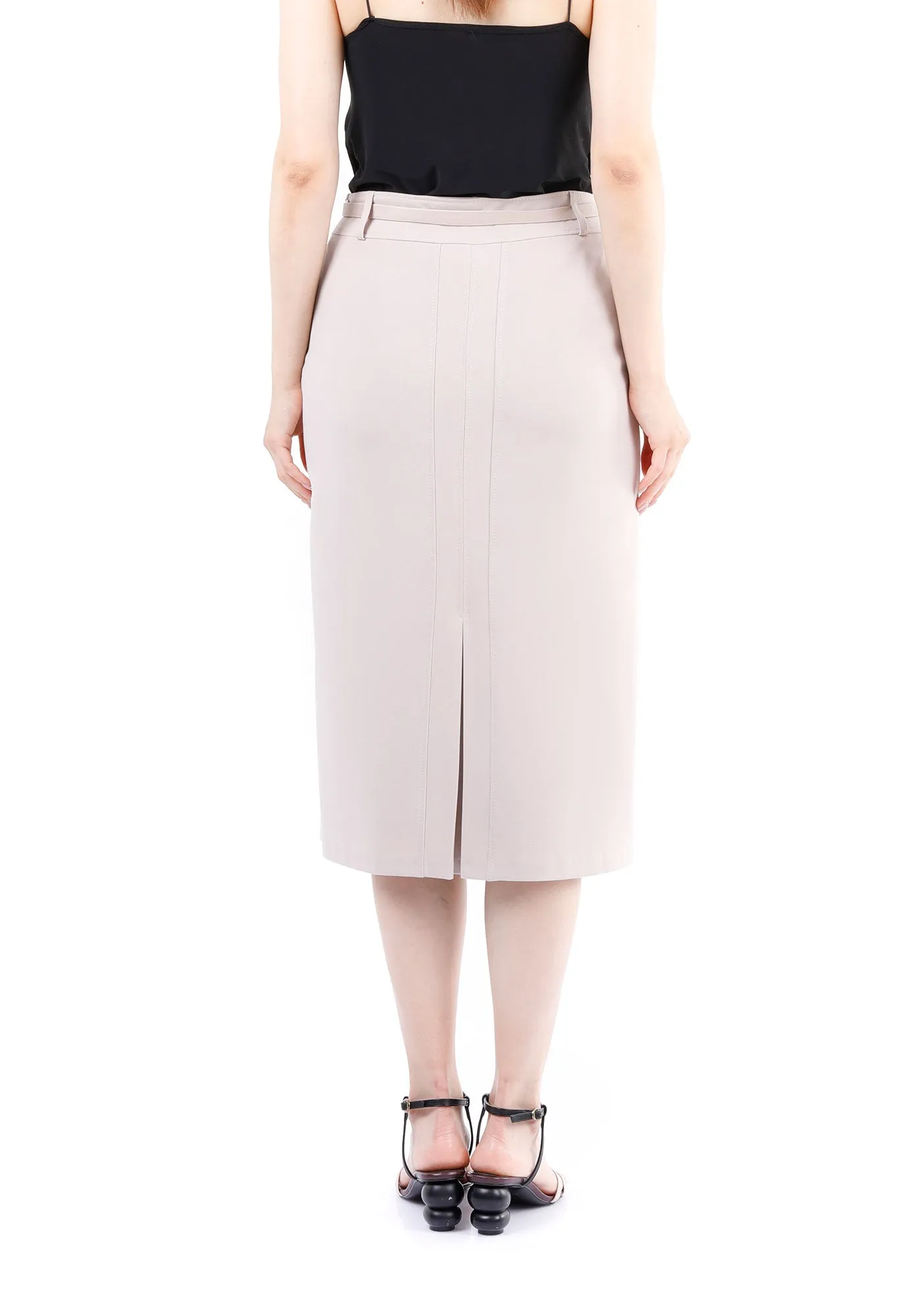 Classic High Waisted Midi Pencil Skirt with Belt