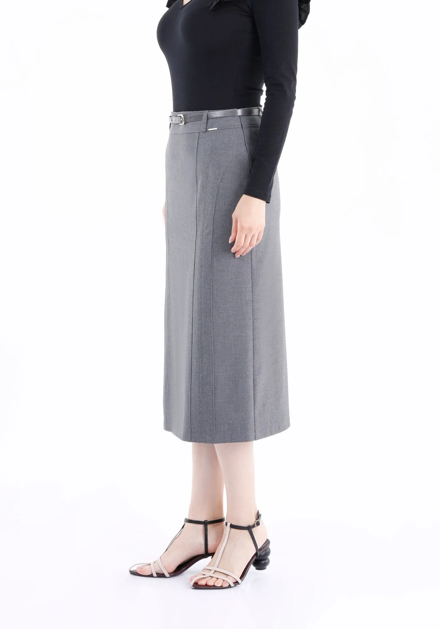 Classic High Waisted Midi Pencil Skirt with Belt