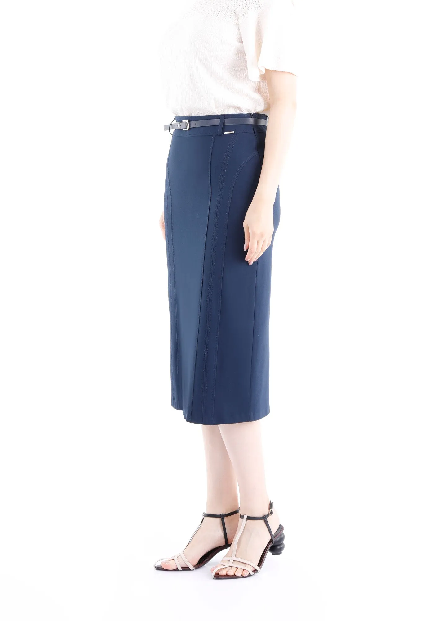 Classic High Waisted Midi Pencil Skirt with Belt