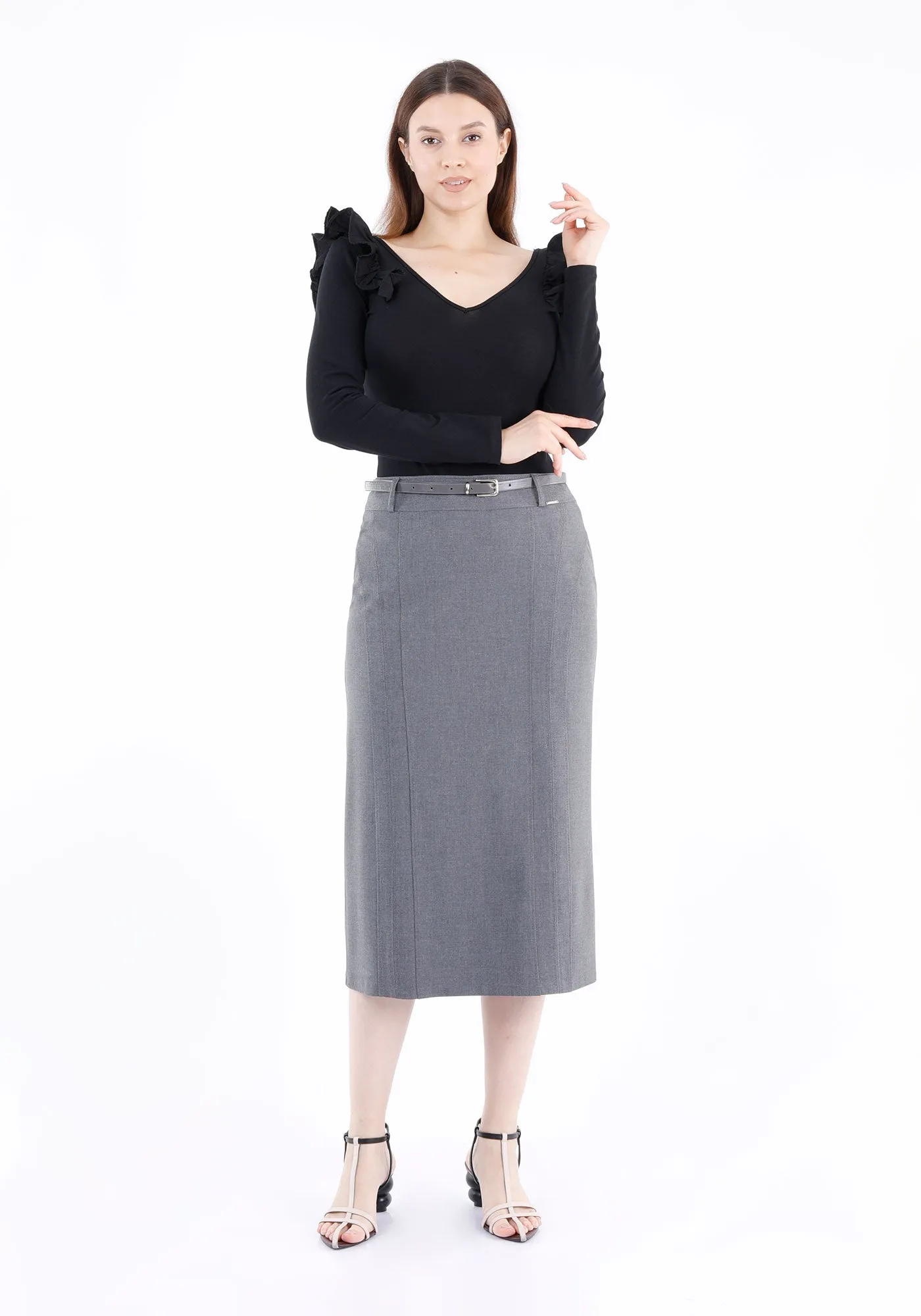 Classic High Waisted Midi Pencil Skirt with Belt