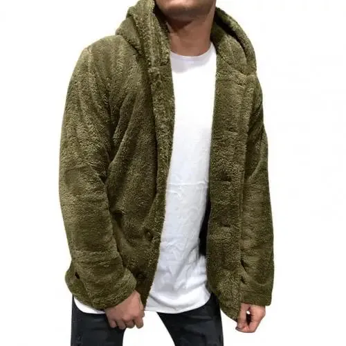 Coat Fluffy Fleece Thick Warm Windbreaker Jacket Long Sleeve Hooded Coat Plush Buttons Closure Thicken Warm Men Coat Outerwear