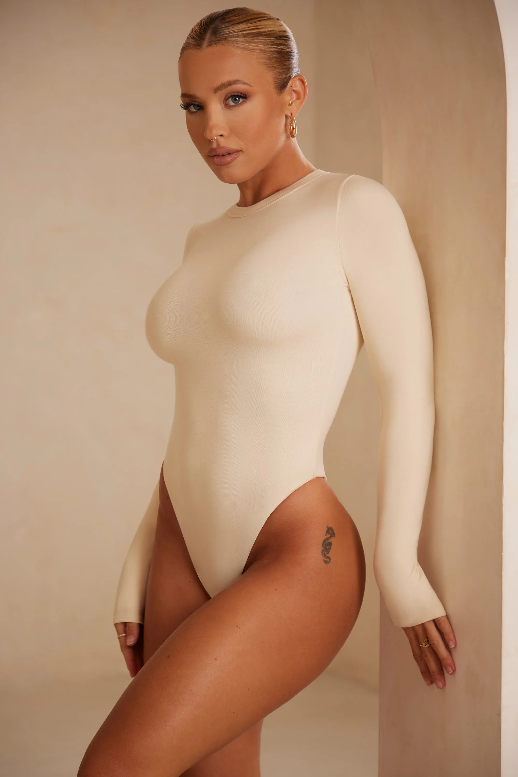 Crew Neck Long Sleeve Bodysuit in Ivory