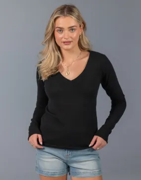 Cropped V Neck Cashmere Sweater in Black