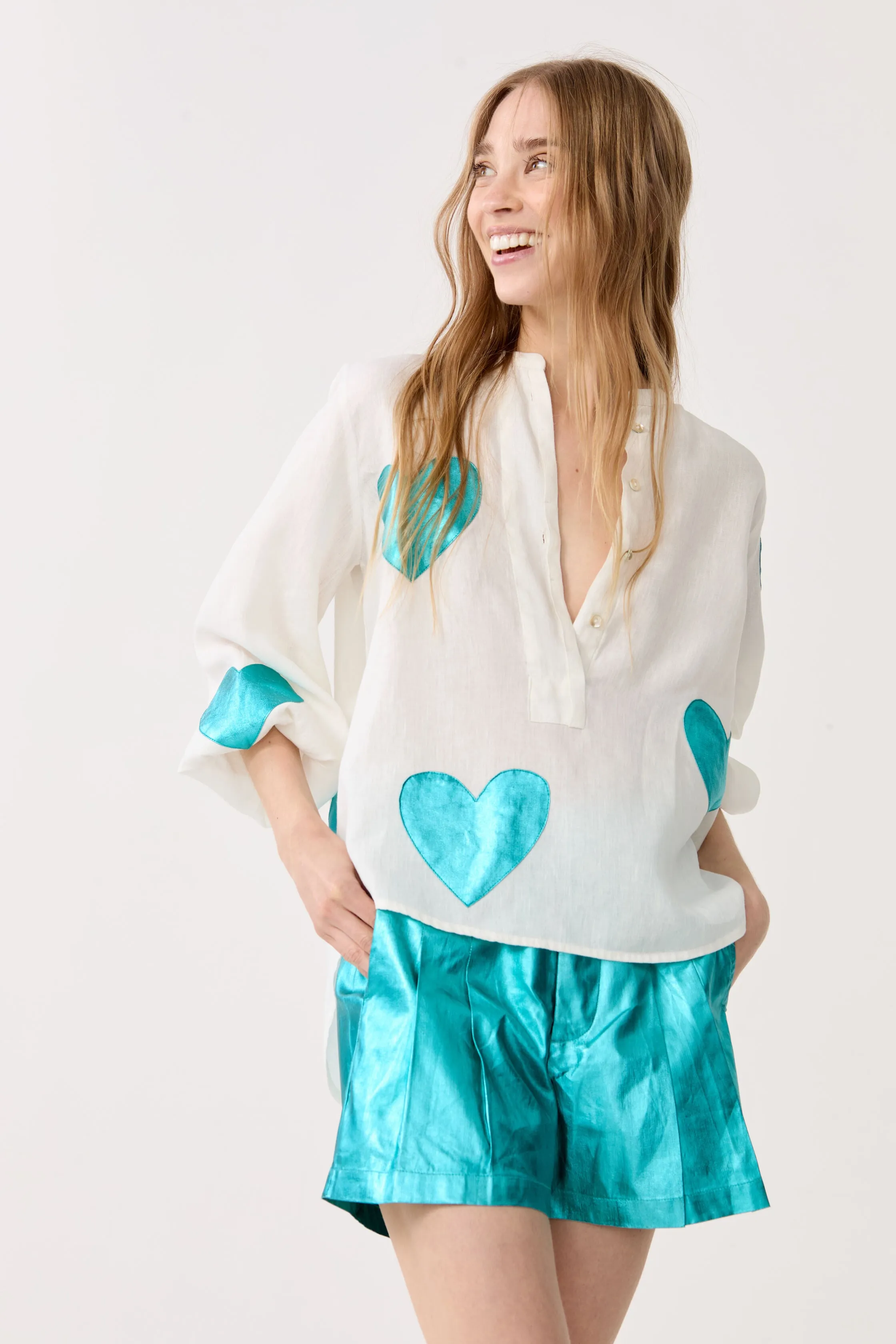 Cupid Linen Shirt - Off-white with Metallic Turquoise Hearts