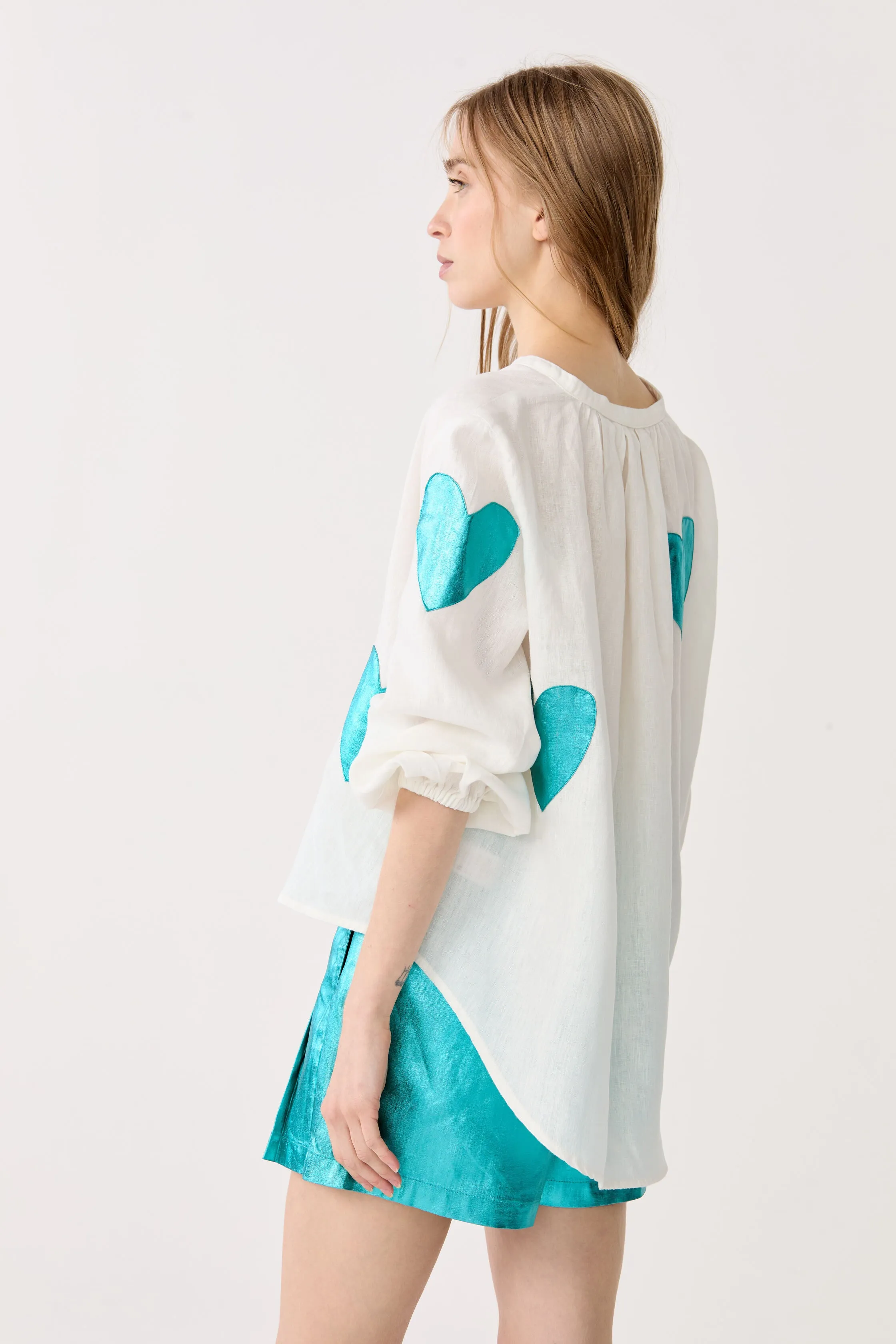 Cupid Linen Shirt - Off-white with Metallic Turquoise Hearts