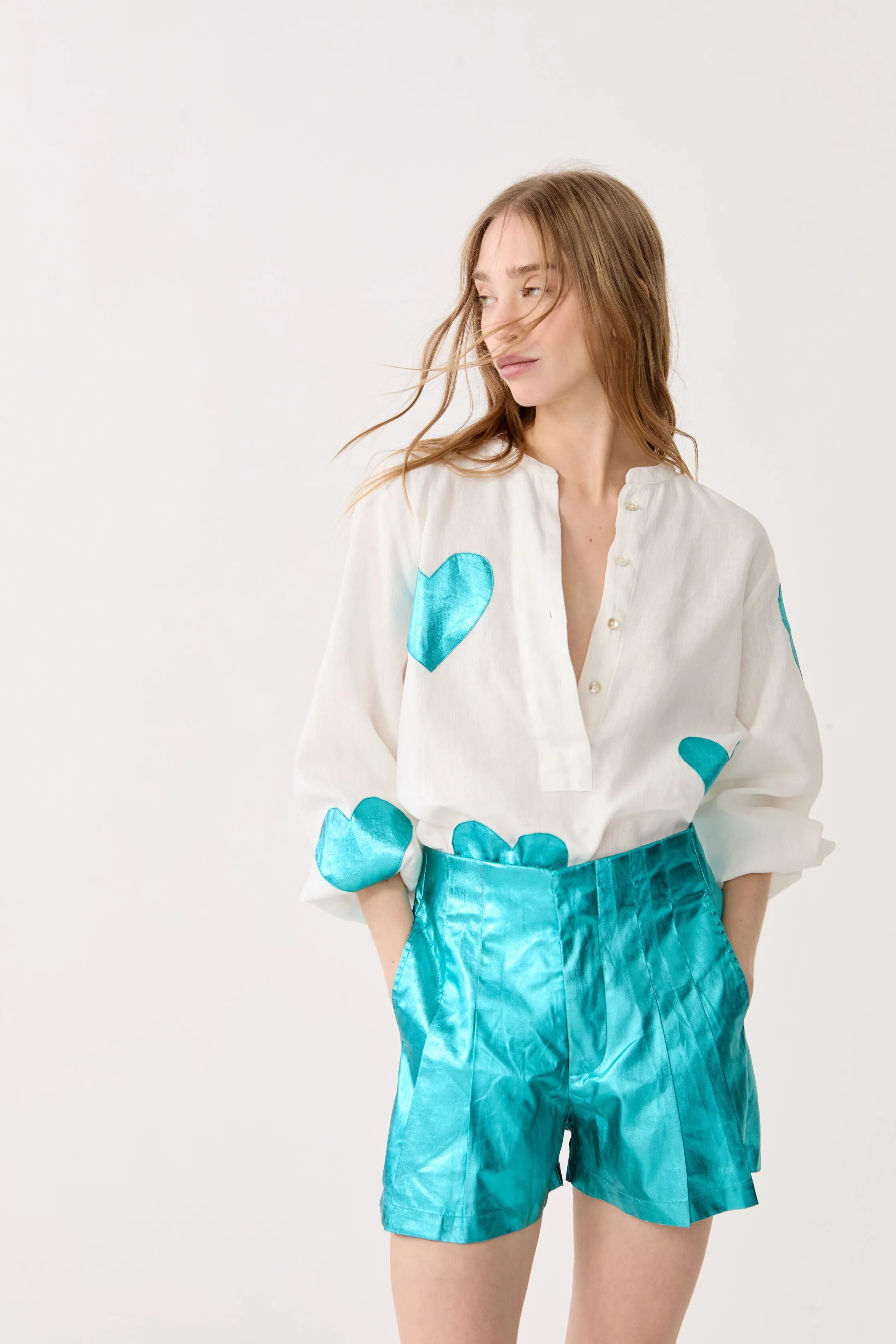 Cupid Linen Shirt - Off-white with Metallic Turquoise Hearts