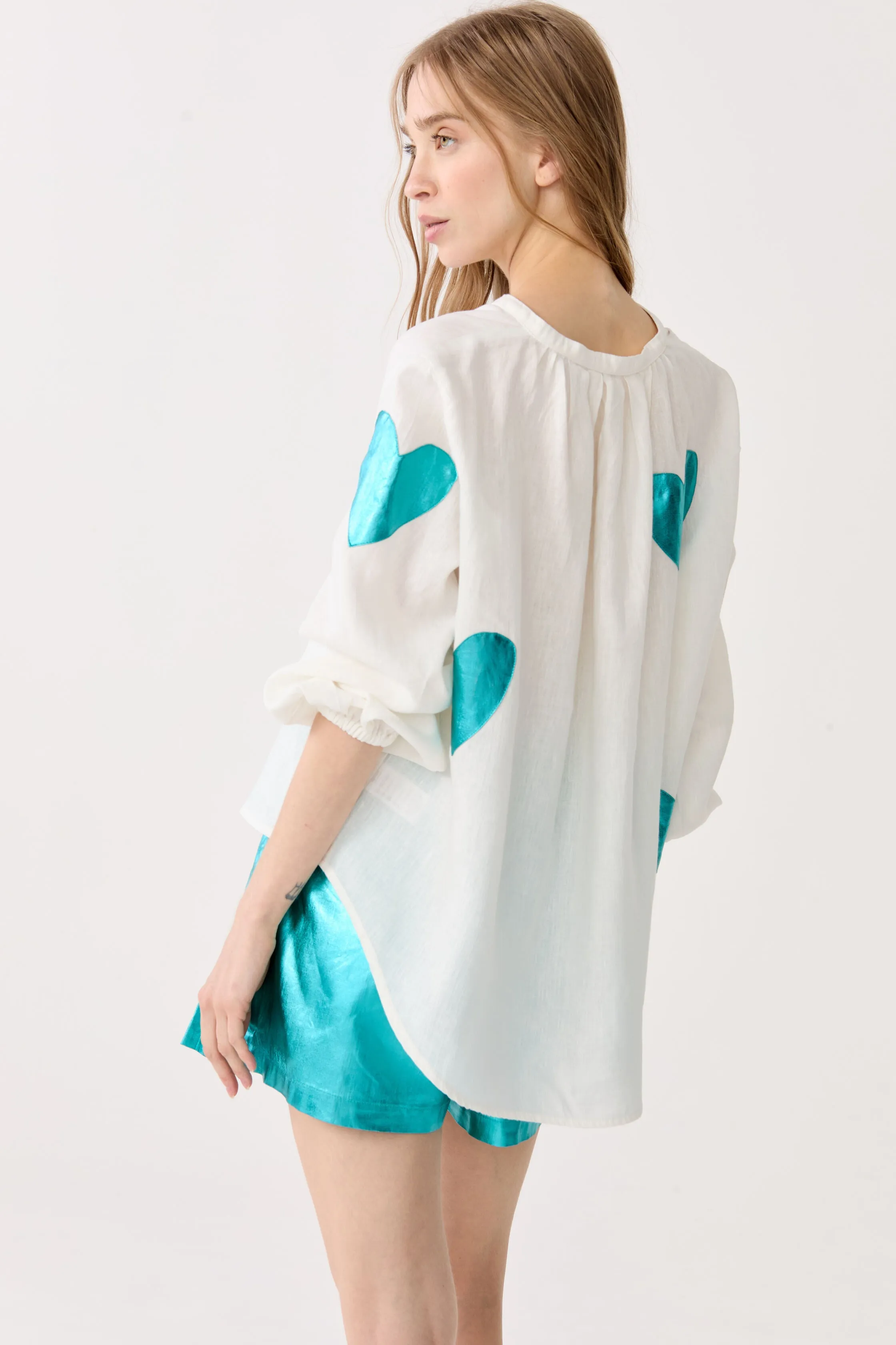 Cupid Linen Shirt - Off-white with Metallic Turquoise Hearts