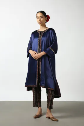 Dark Blue Mushroo Silk and Ikat Embroidered Jacket