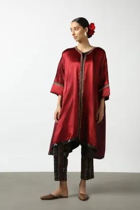 Dark Red Mushroo Silk and Ikat Embroidered Jacket