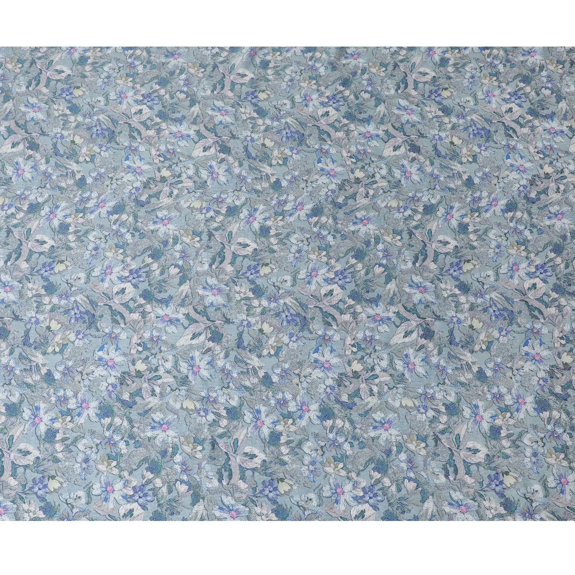 Delicate Blue and Lavender Floral Modal Satin Fabric - 110 cm Width, Soft Elegant Material from India-D19225