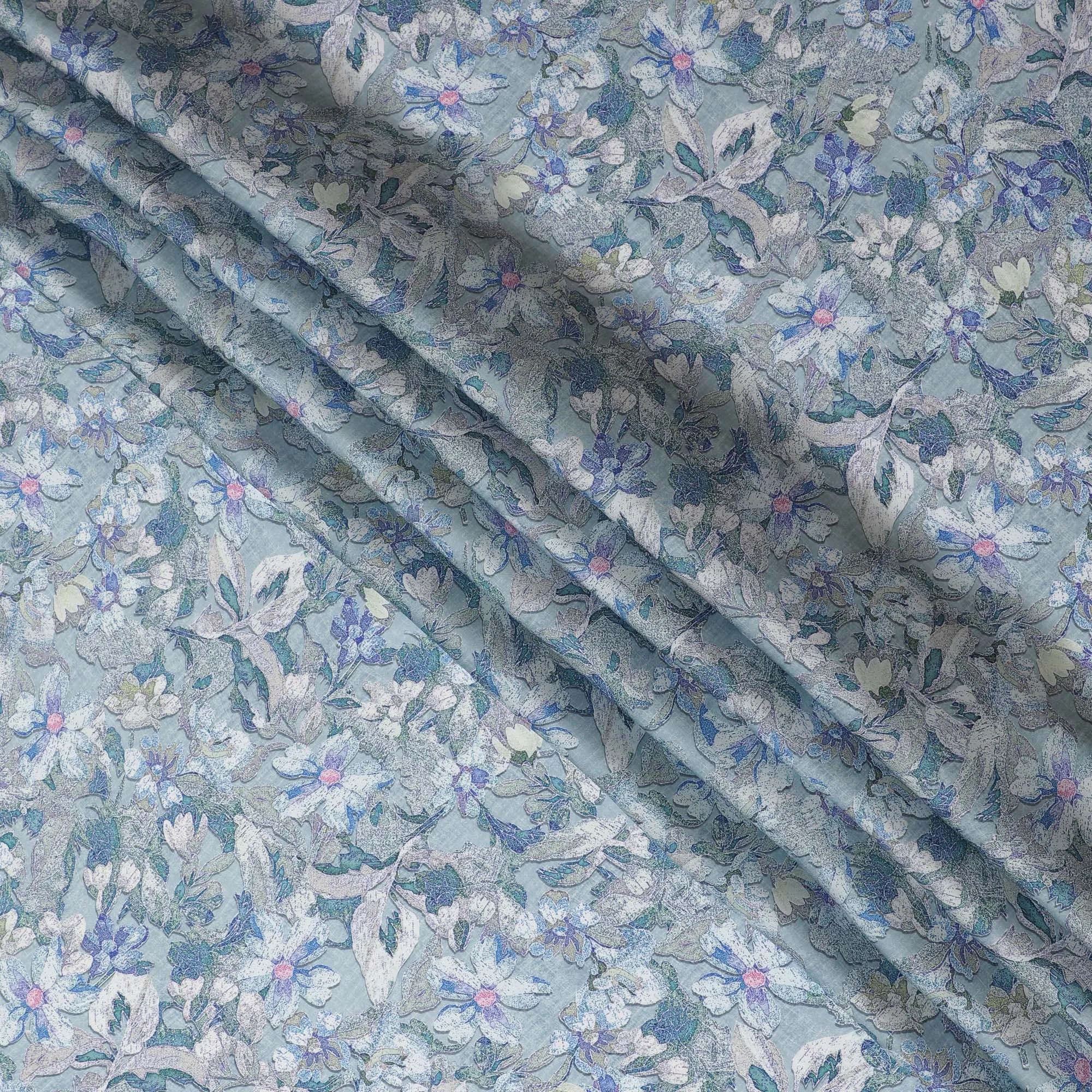 Delicate Blue and Lavender Floral Modal Satin Fabric - 110 cm Width, Soft Elegant Material from India-D19225