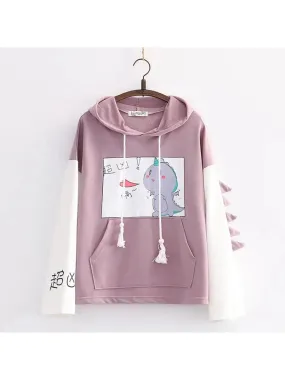 Dinosaur Print Hooded Sweatshirt With Horn For Women Autumn Long Sleeve Harakuju Hoodies Sweet Style Cotton Tracksuits