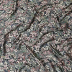 Elegant Charcoal and Pink Floral Modal Satin Fabric - 110 cm Width, Luxurious Textured Material from India-D19224