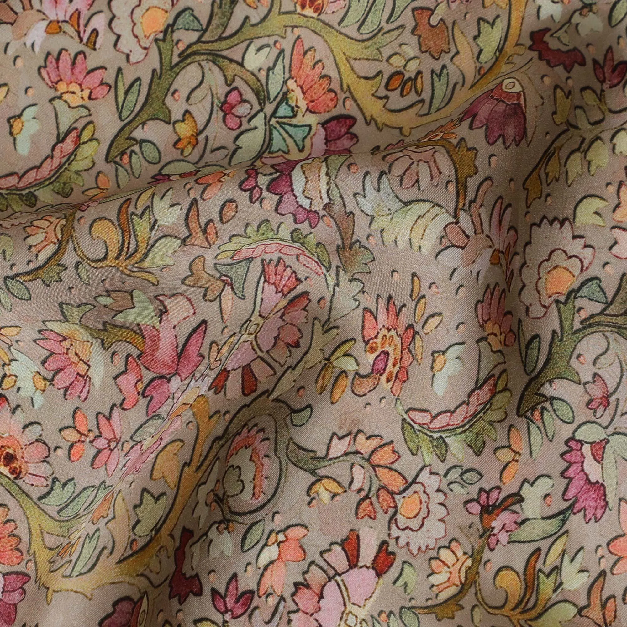 Elegant Indian Modal Satin Fabric - Peachy Floral Print, 110 cms Width - Perfect for Apparel and Crafts-D19215