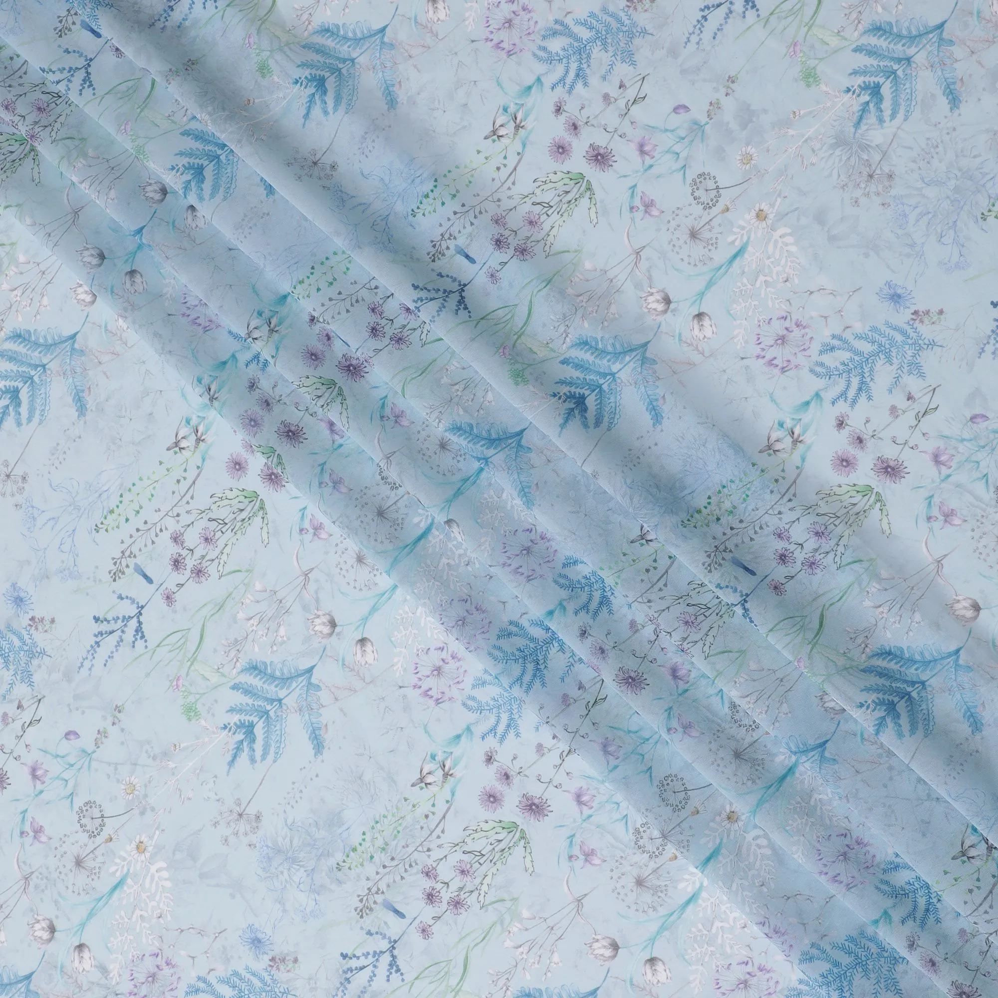 Elegant Sky Blue Floral Synthetic Modal Satin Fabric - 110cm Width-D18420