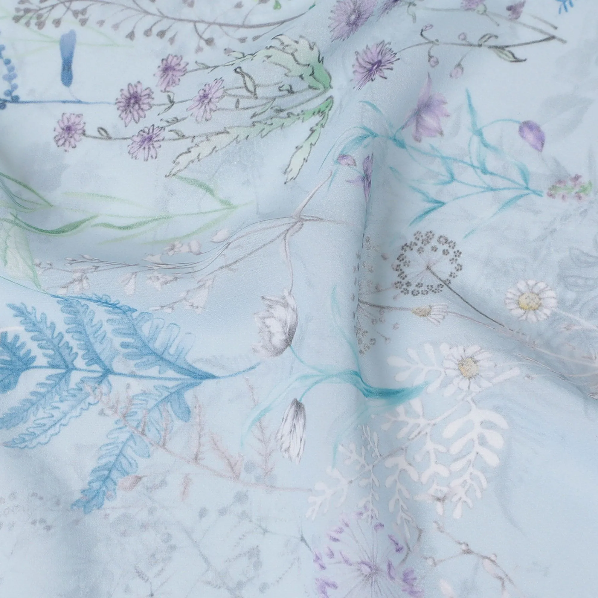 Elegant Sky Blue Floral Synthetic Modal Satin Fabric - 110cm Width-D18420