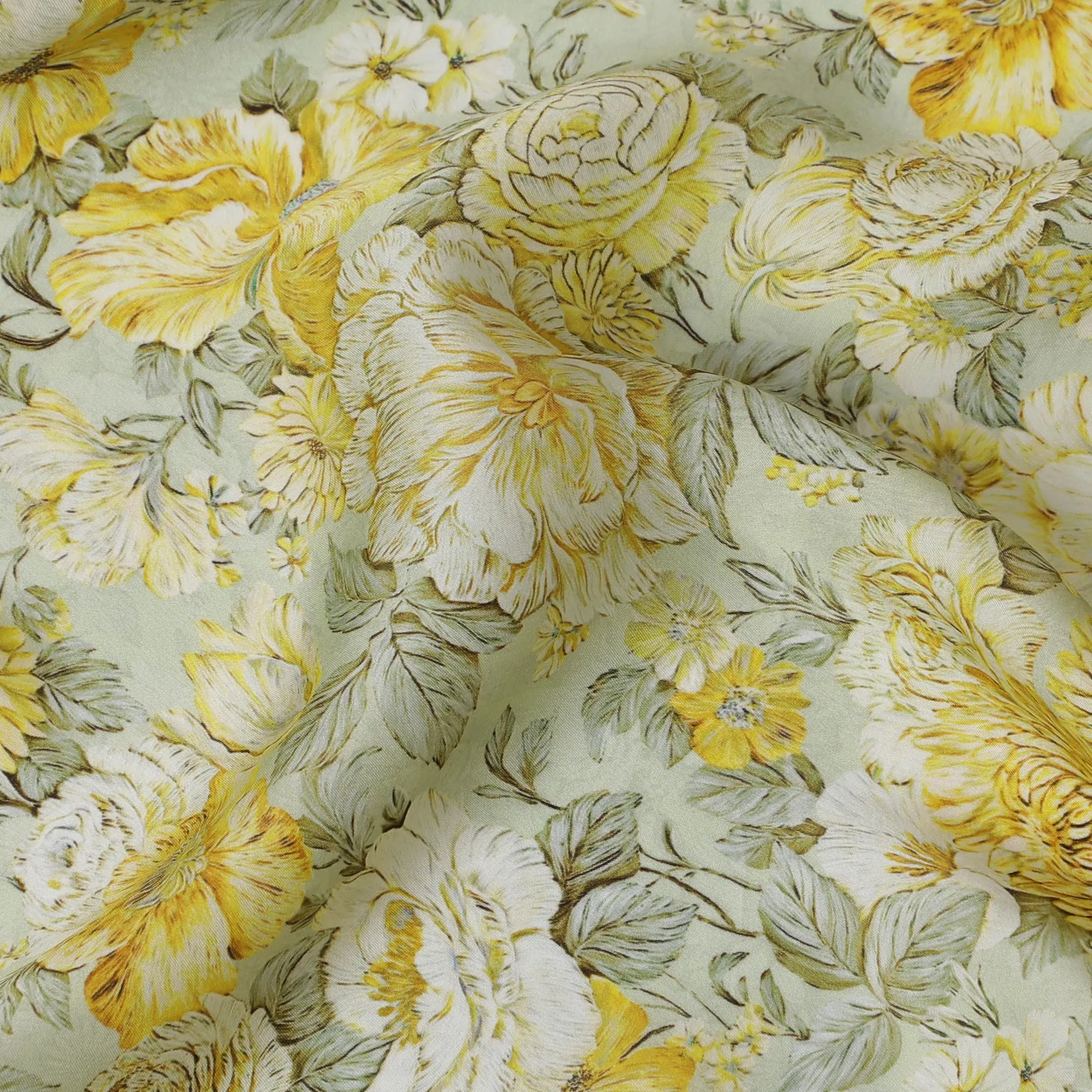 Elegant Yellow Floral Print Modal Satin Fabric - 110 cm Width, Premium Quality Soft Material from India-D19217