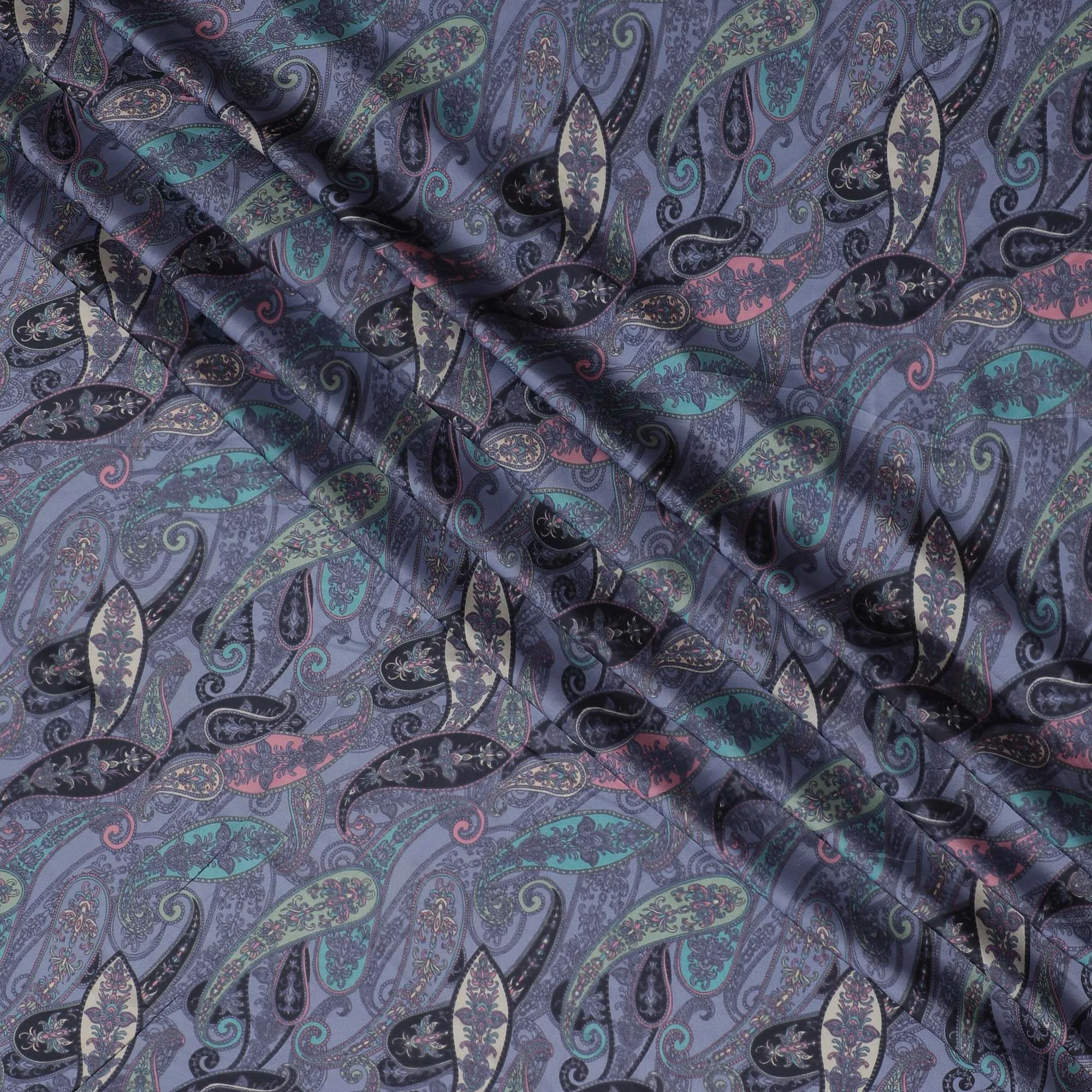 Enchanted Paisley Modal Satin Fabric in Twilight Hues - 110cm Wide, Luxurious Feel from India-D18520