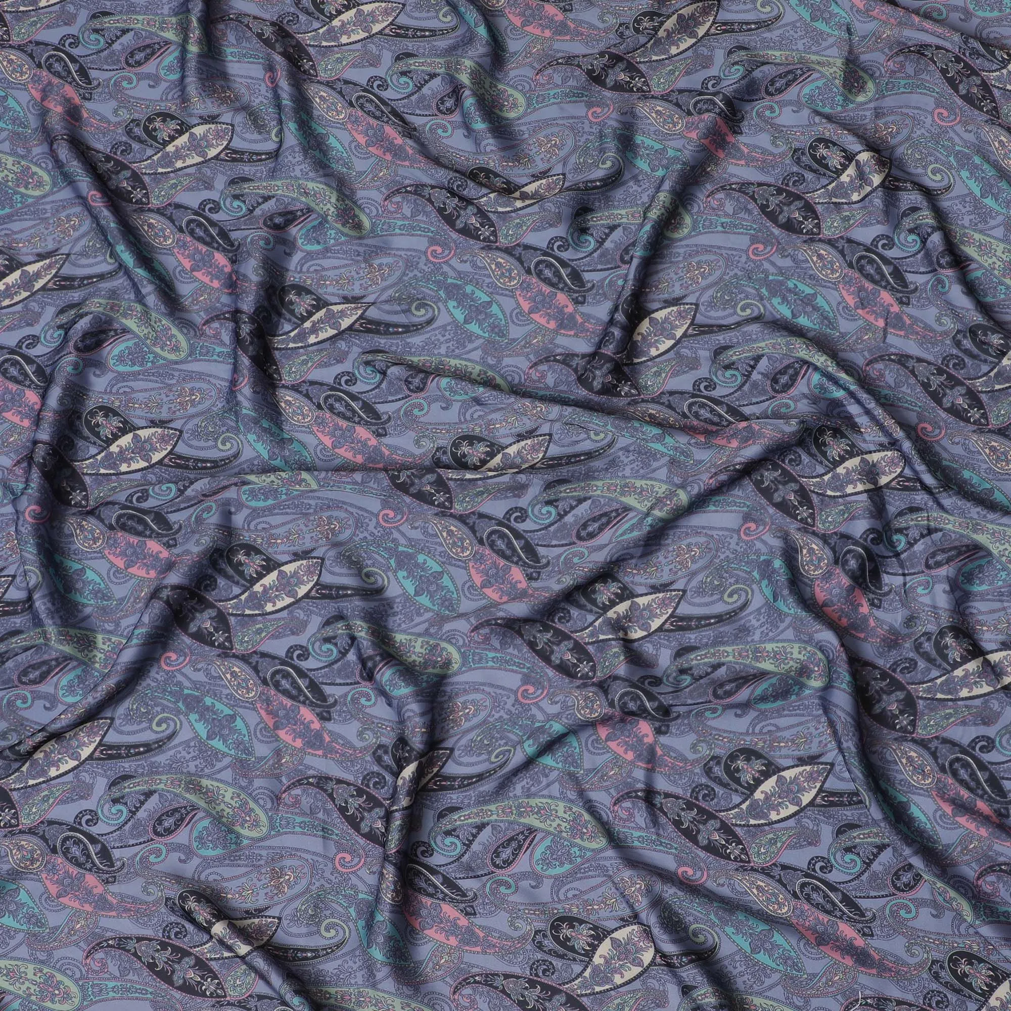 Enchanted Paisley Modal Satin Fabric in Twilight Hues - 110cm Wide, Luxurious Feel from India-D18520