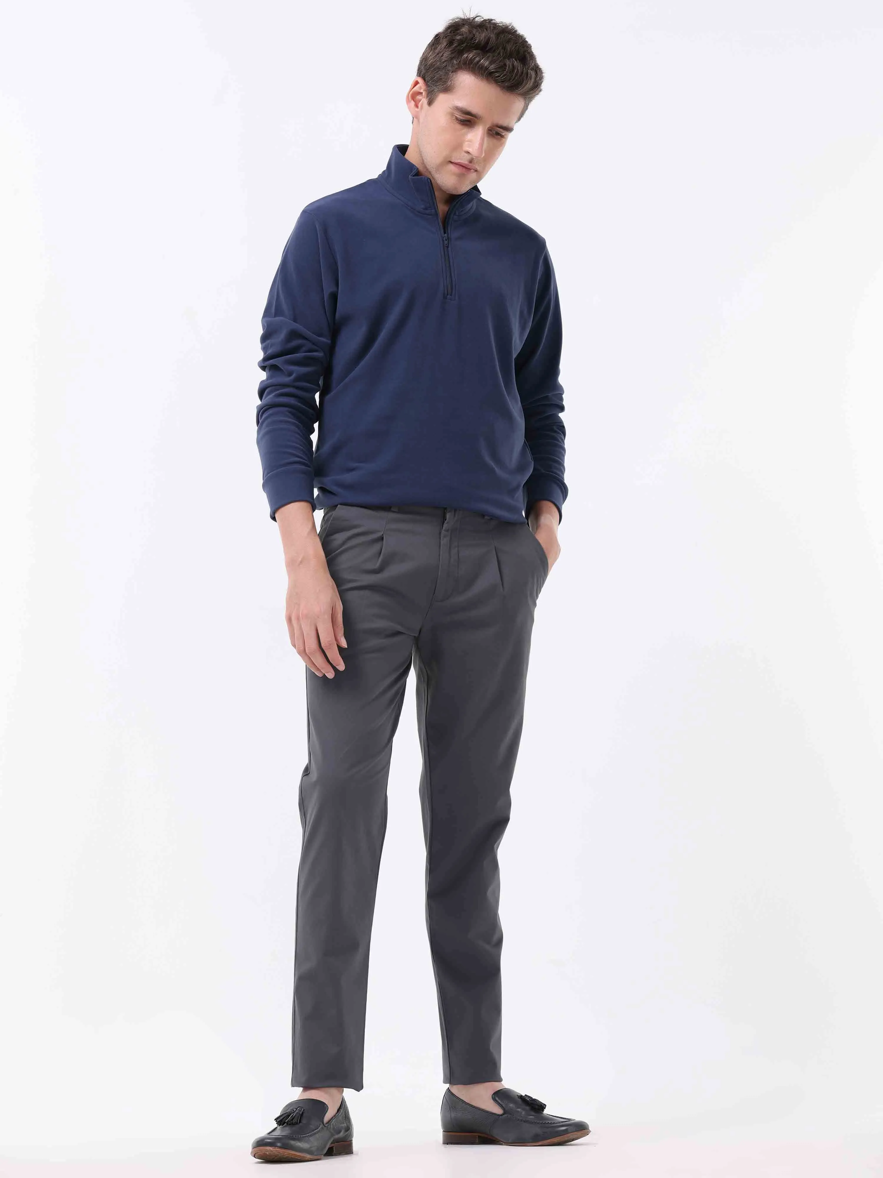 Essential Pleated Dark Grey Fine Twill Pant