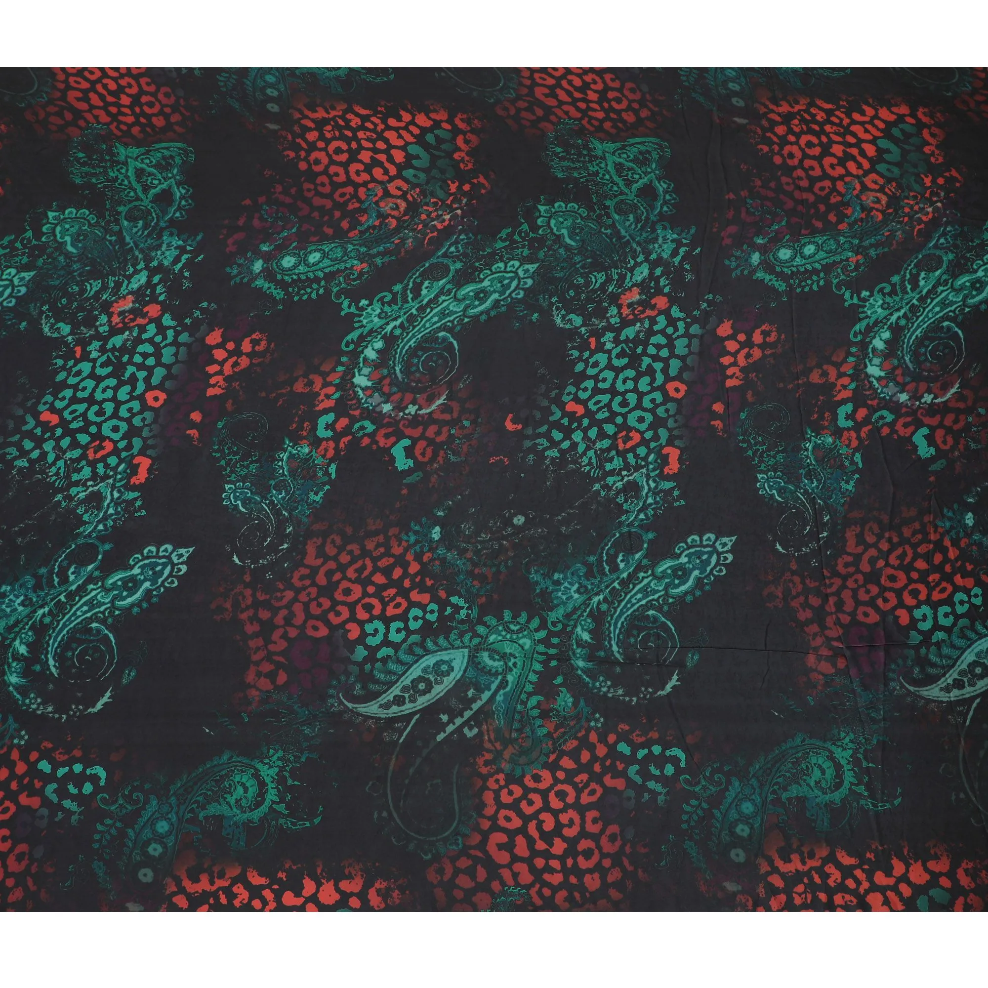 Exotic Aqua & Crimson Leopard Synthetic Modal Satin Fabric - Mystical Paisley Overlay, 110cm Wide - Buy Online in Meters-D18340