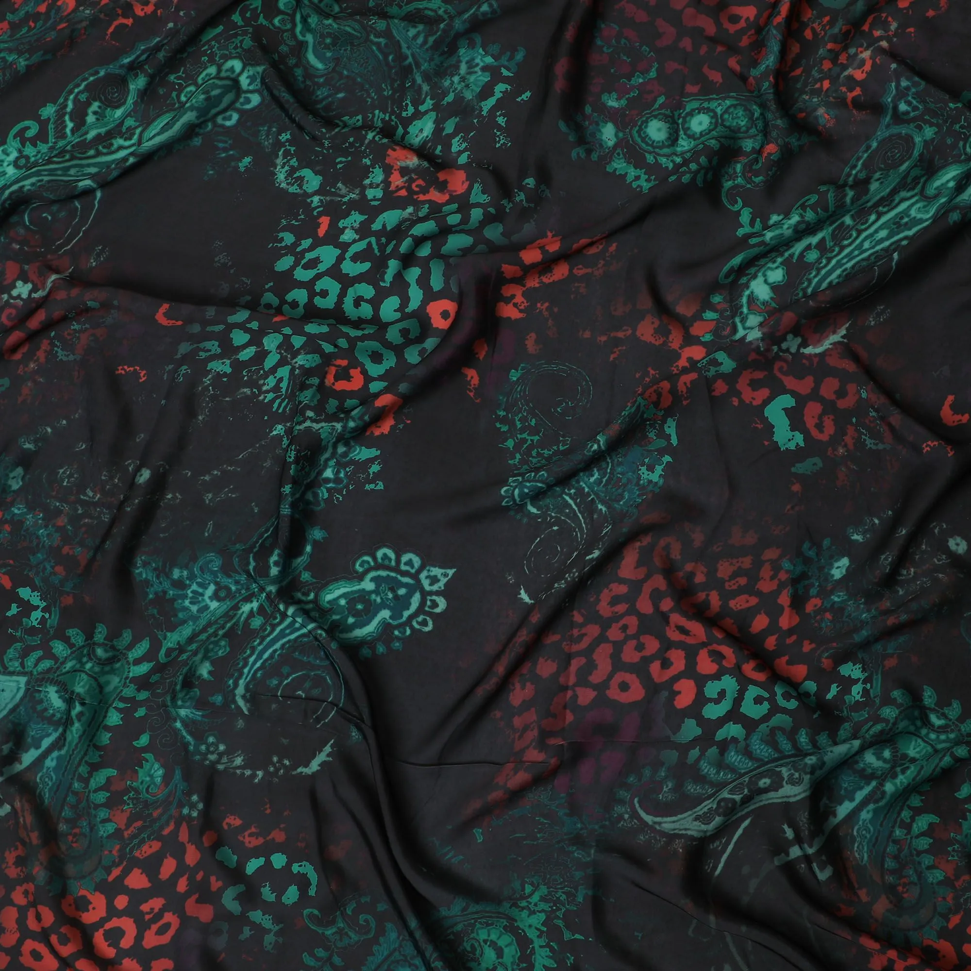 Exotic Aqua & Crimson Leopard Synthetic Modal Satin Fabric - Mystical Paisley Overlay, 110cm Wide - Buy Online in Meters-D18340