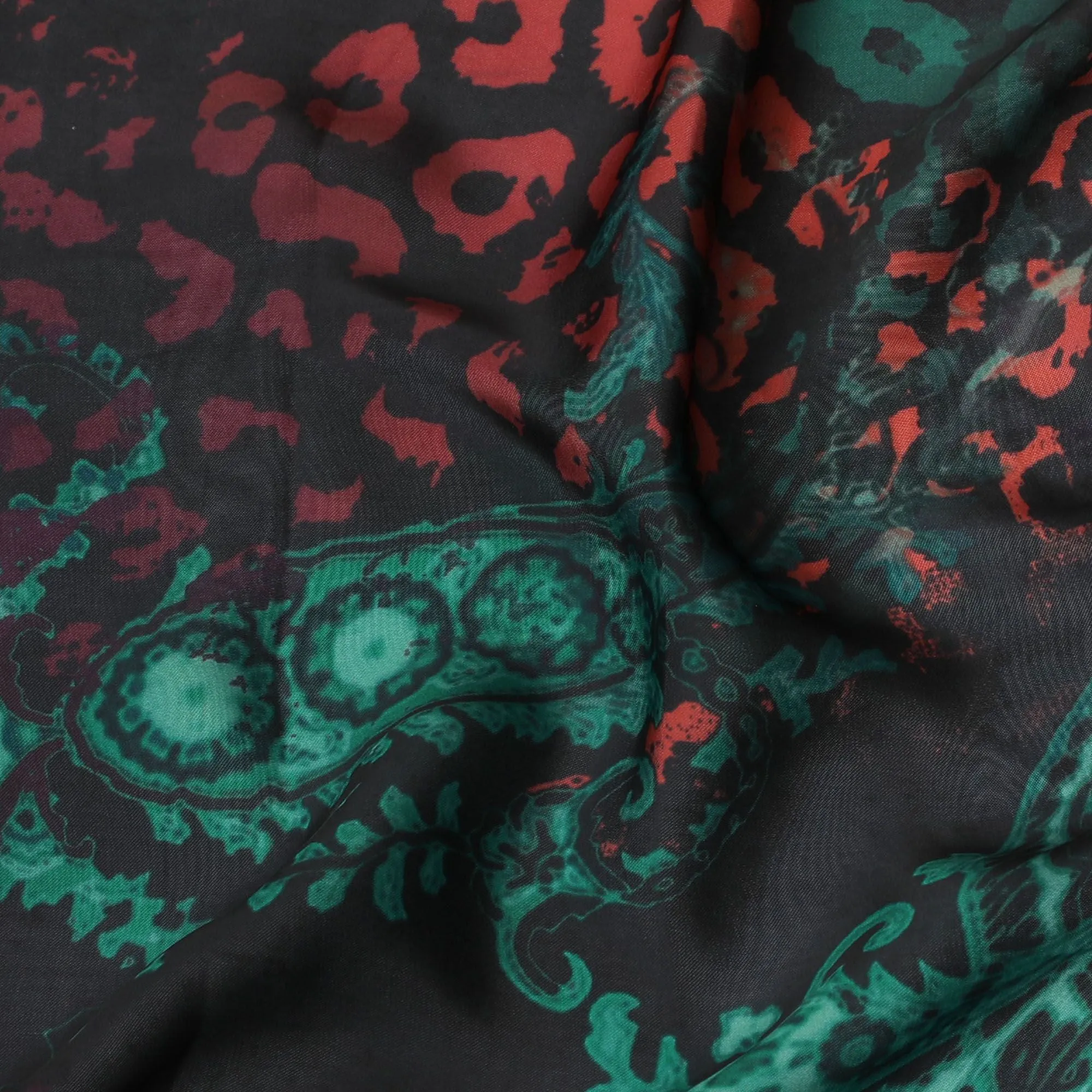 Exotic Aqua & Crimson Leopard Synthetic Modal Satin Fabric - Mystical Paisley Overlay, 110cm Wide - Buy Online in Meters-D18340