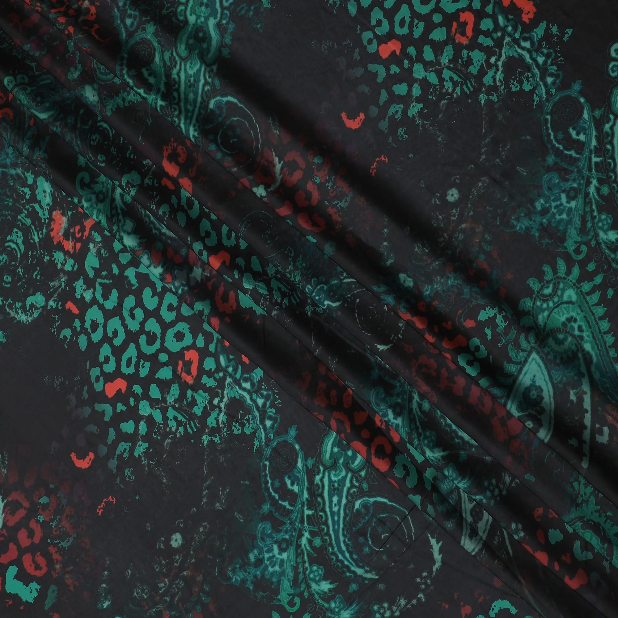 Exotic Aqua & Crimson Leopard Synthetic Modal Satin Fabric - Mystical Paisley Overlay, 110cm Wide - Buy Online in Meters-D18340