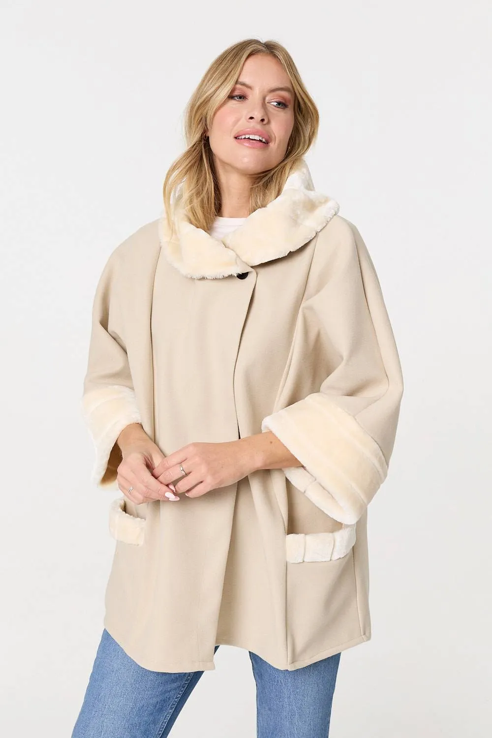 Faux Fur Trim 3/4 Sleeve Cape Coat