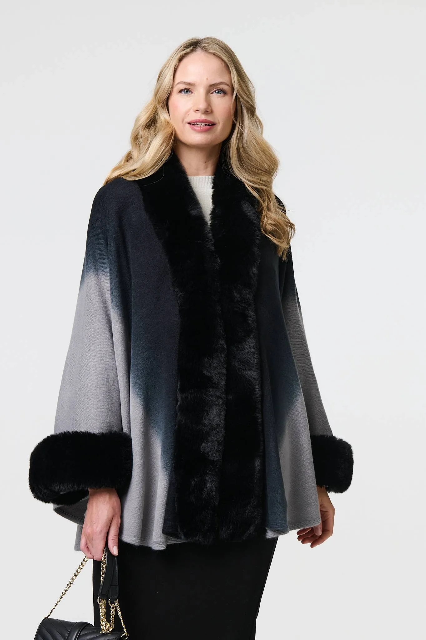 Faux Fur Trim Thigh Length Poncho