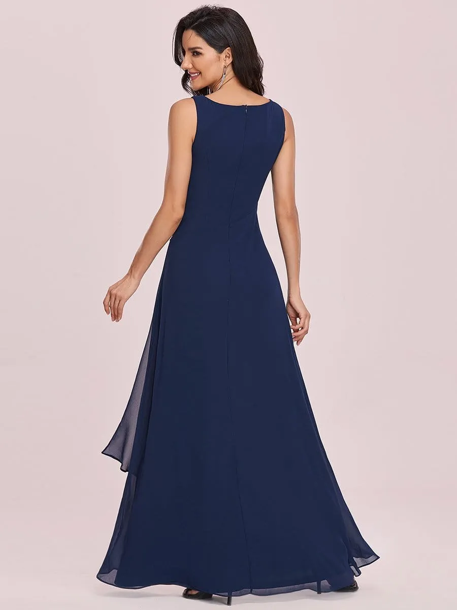 Flower Applique Sleeveless Floor-Length Pleated Formal Evening Dress