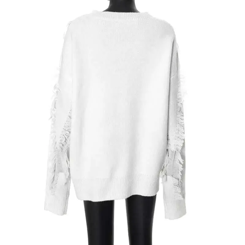 égant Women Fashion White Irregular Tassels Patchwork Sweater