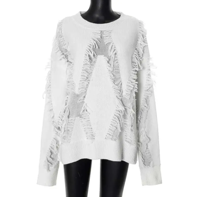 égant Women Fashion White Irregular Tassels Patchwork Sweater