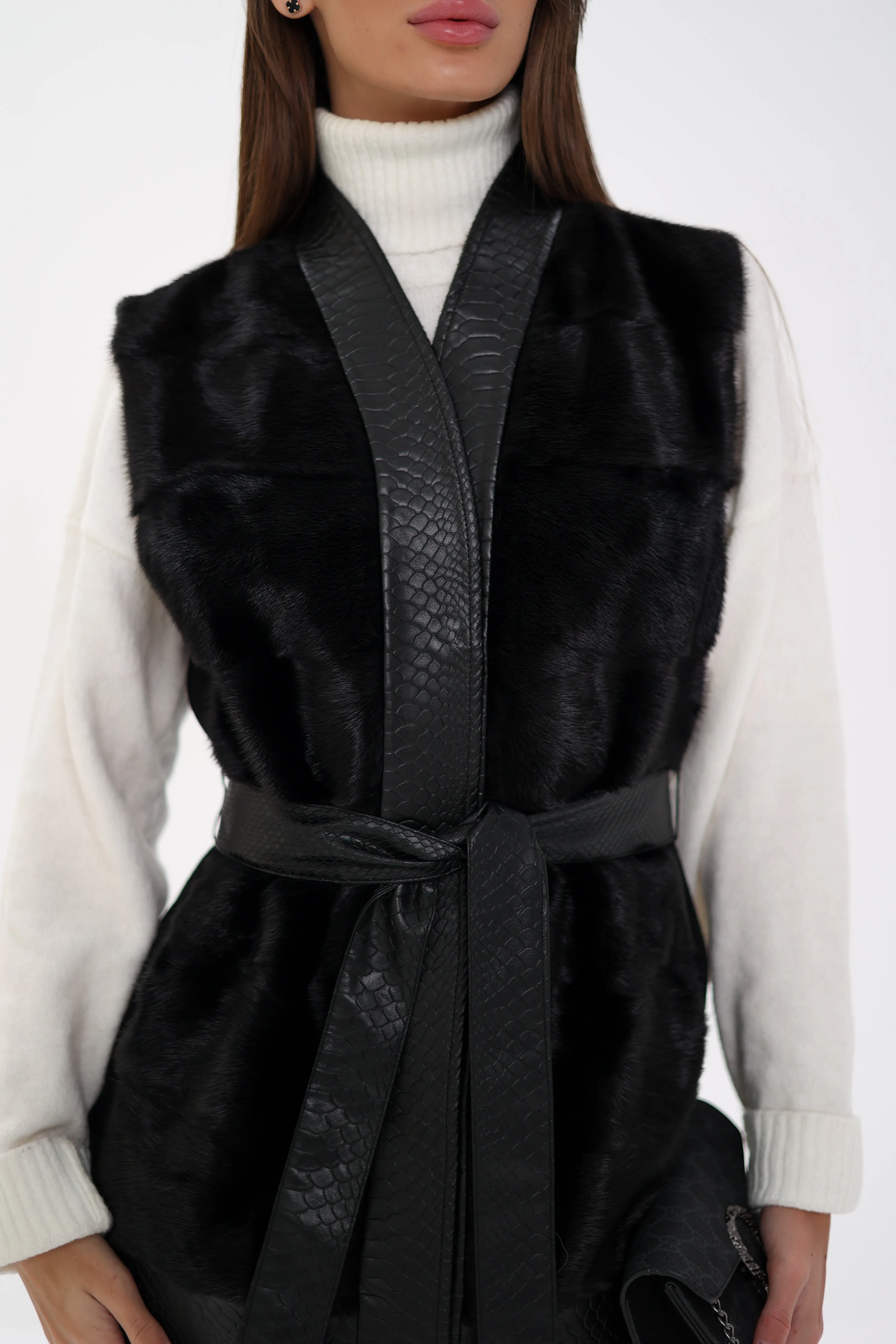 Genuine Mink Fur Leather Trim Wool Vest