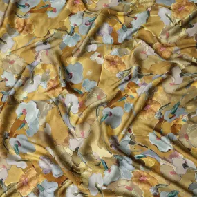 Golden Yellow Synthetic Modal Satin Fabric with Large Floral Print, 110 cm Width-D20952