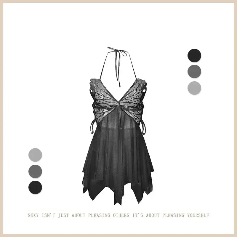 'Gothic Butterfly' Black/White Mesh Slip Dress