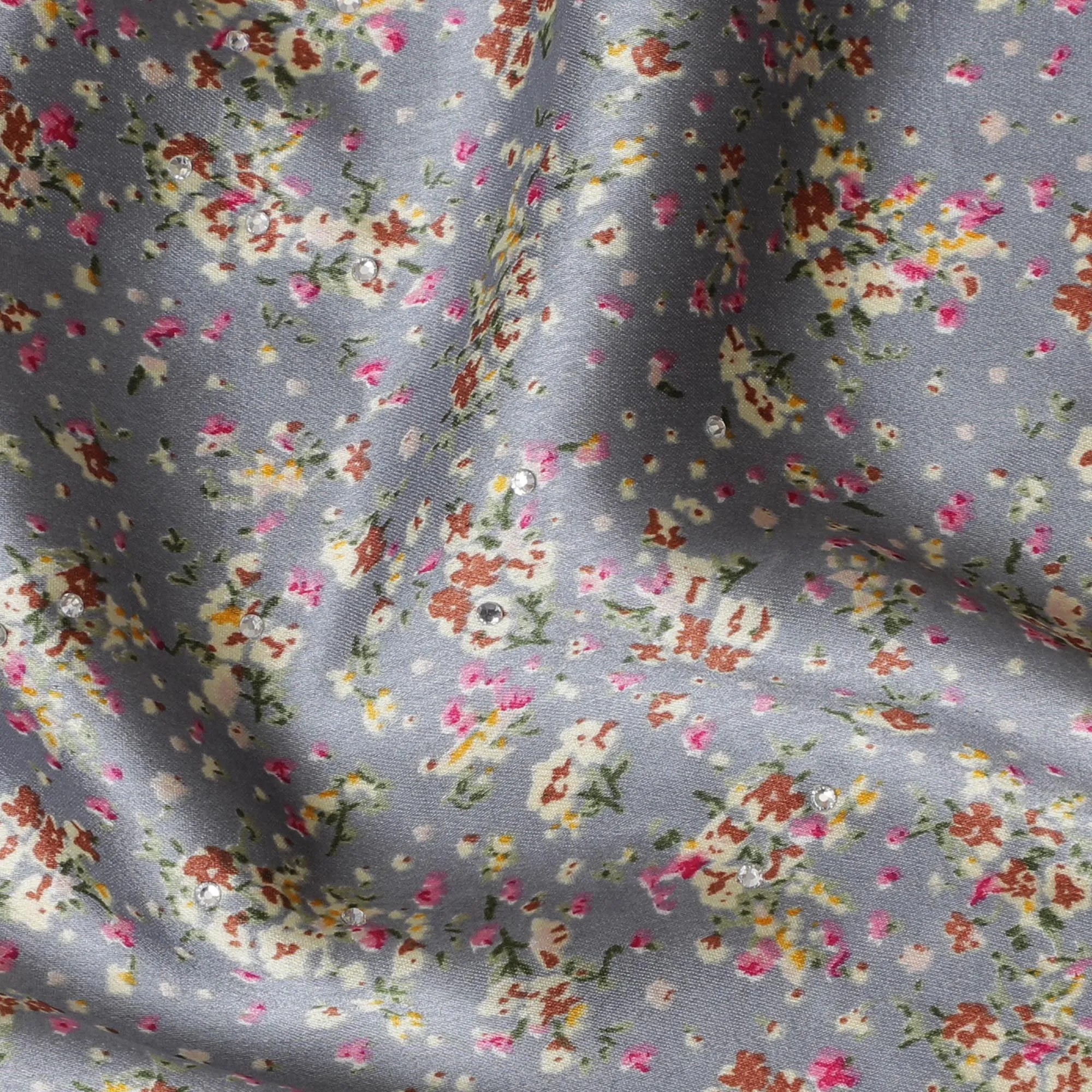 Graceful Grey Synthetic Modal Satin Fabric with Floral Print and Stone Work, 110 cm Width-20038