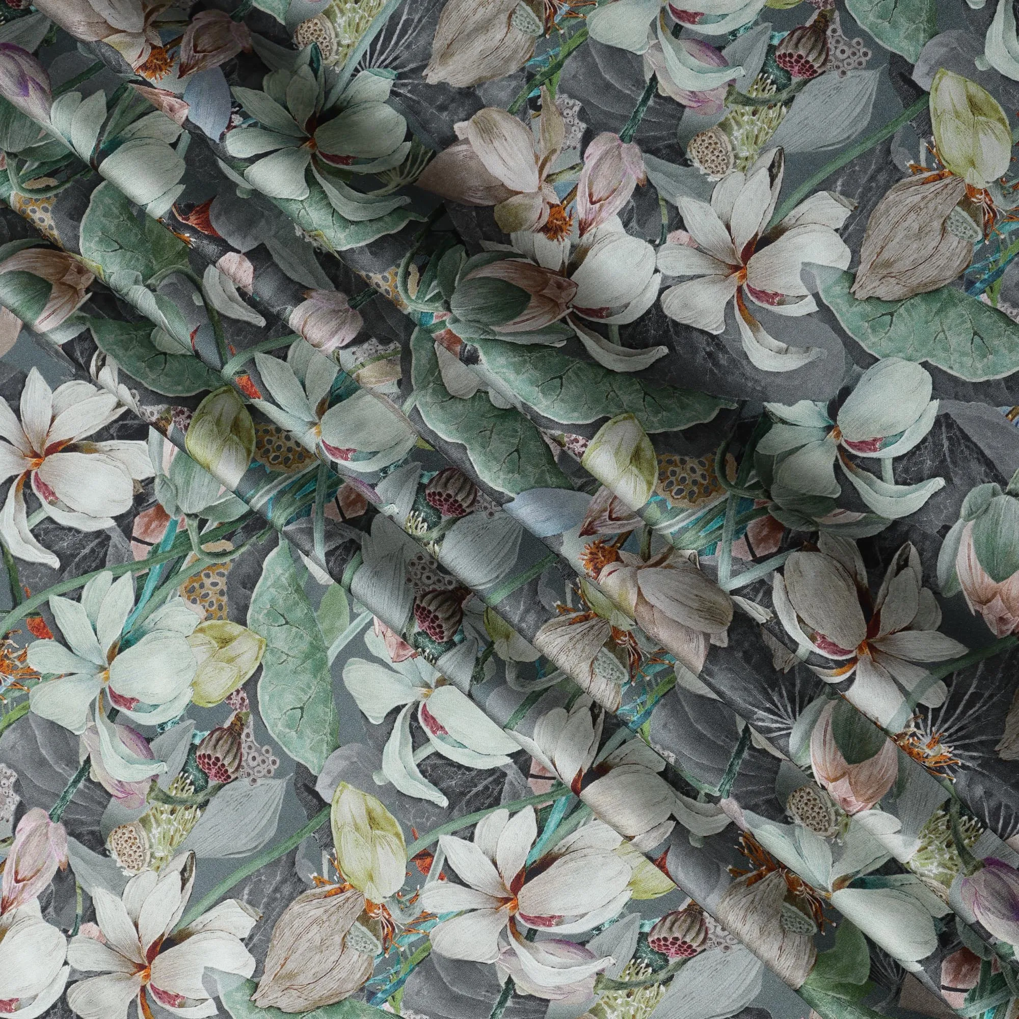 Gray Synthetic Modal Satin Fabric with Large White Floral Print, 110 cm Width-D20955