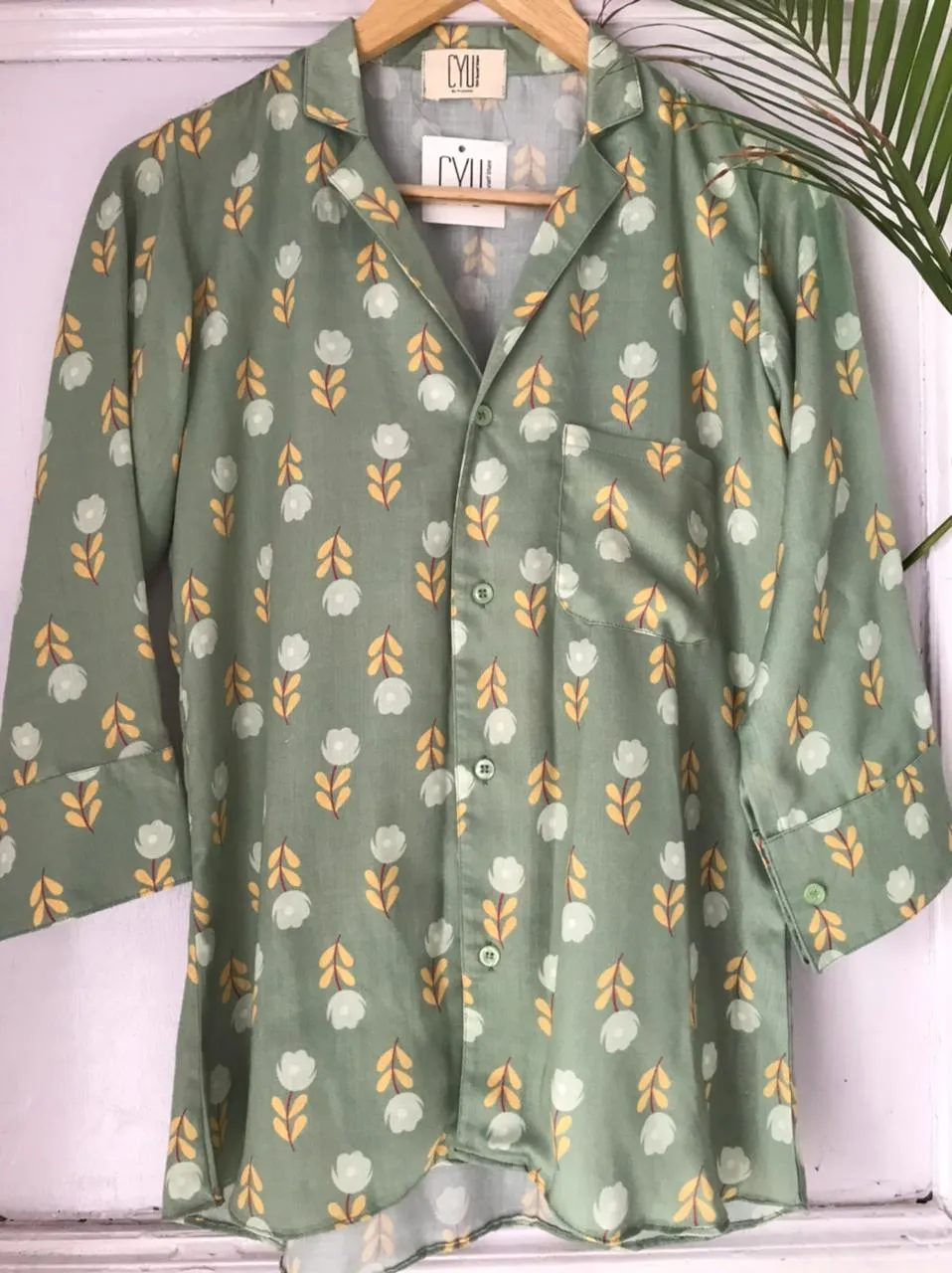 Green Satin Flower Printed Shirt