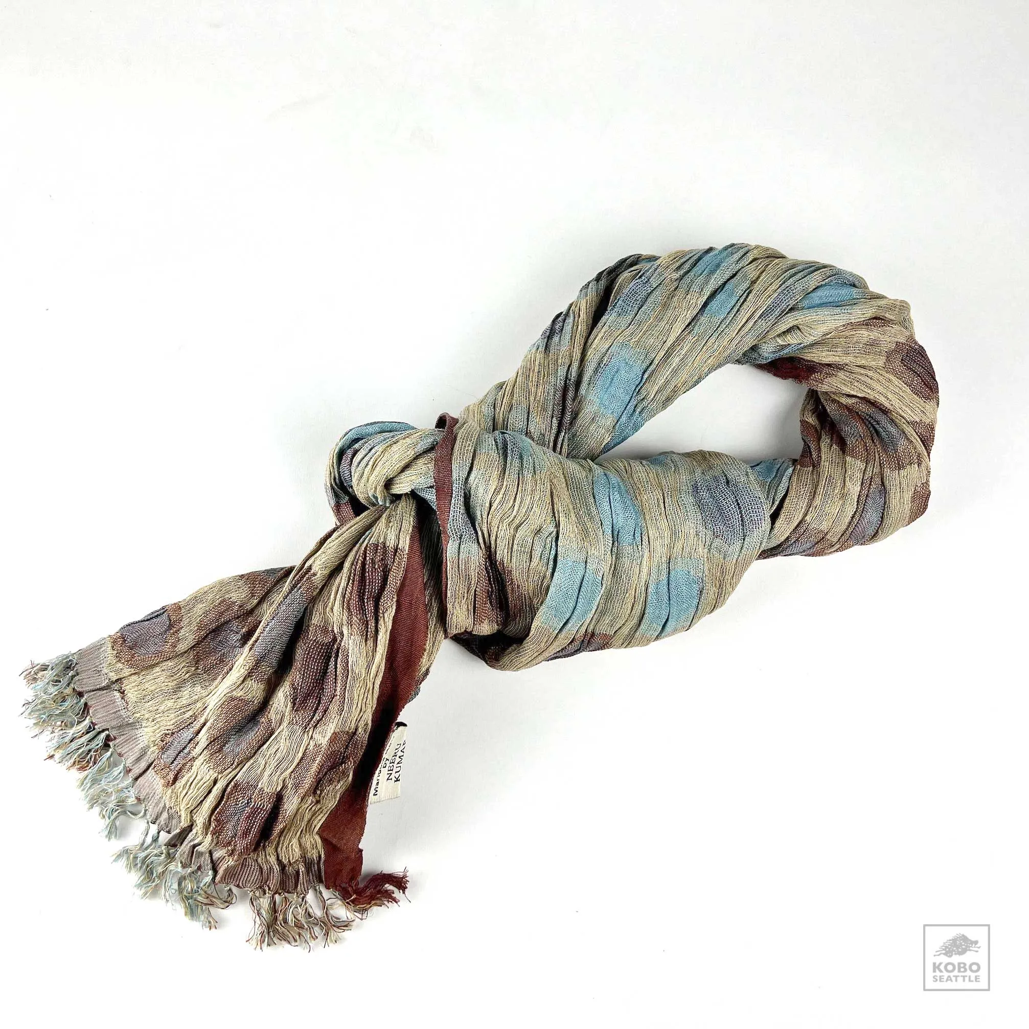 Handwoven Silk Crinkled Scarf - Blues/Browns/Ivory