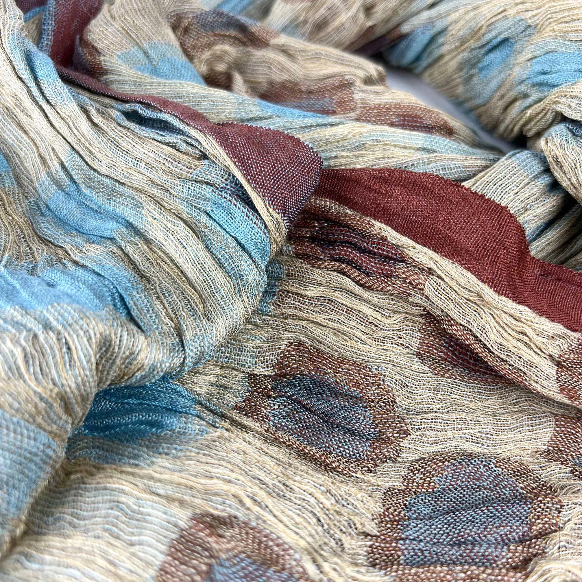 Handwoven Silk Crinkled Scarf - Blues/Browns/Ivory