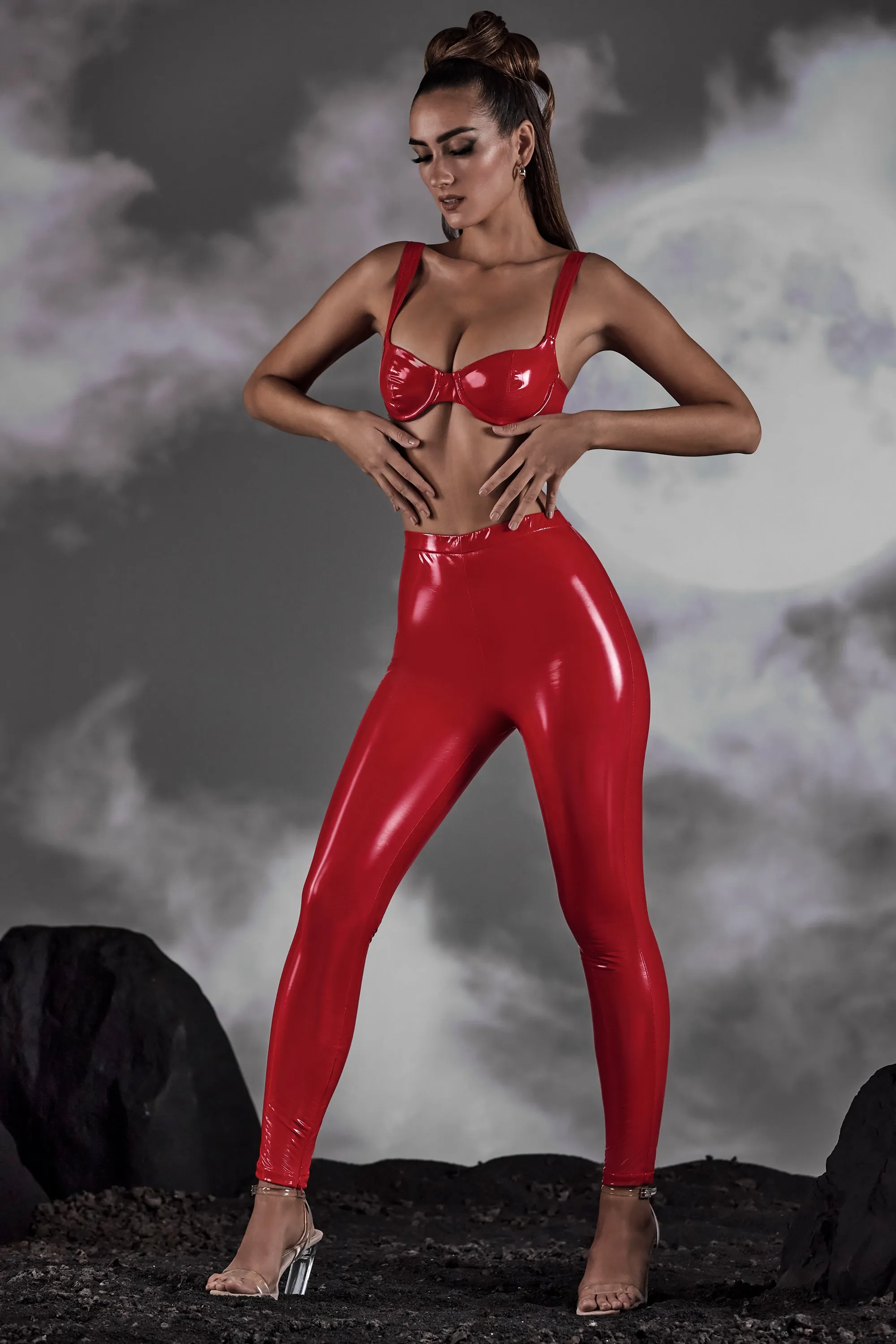 High Waist Vinyl Leggings in Red