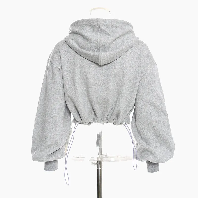 Hollow Out Gray Sweatshirt For Women Hooded Collar Long Sleeve Fake Two Casual Short Tops Female Spring