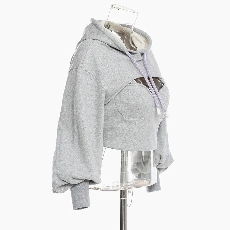 Hollow Out Gray Sweatshirt For Women Hooded Collar Long Sleeve Fake Two Casual Short Tops Female Spring